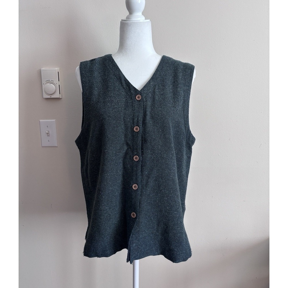 Vintage Eileen Fisher Silk Wool Button Front Vest Womens XS 0 Green Coastal